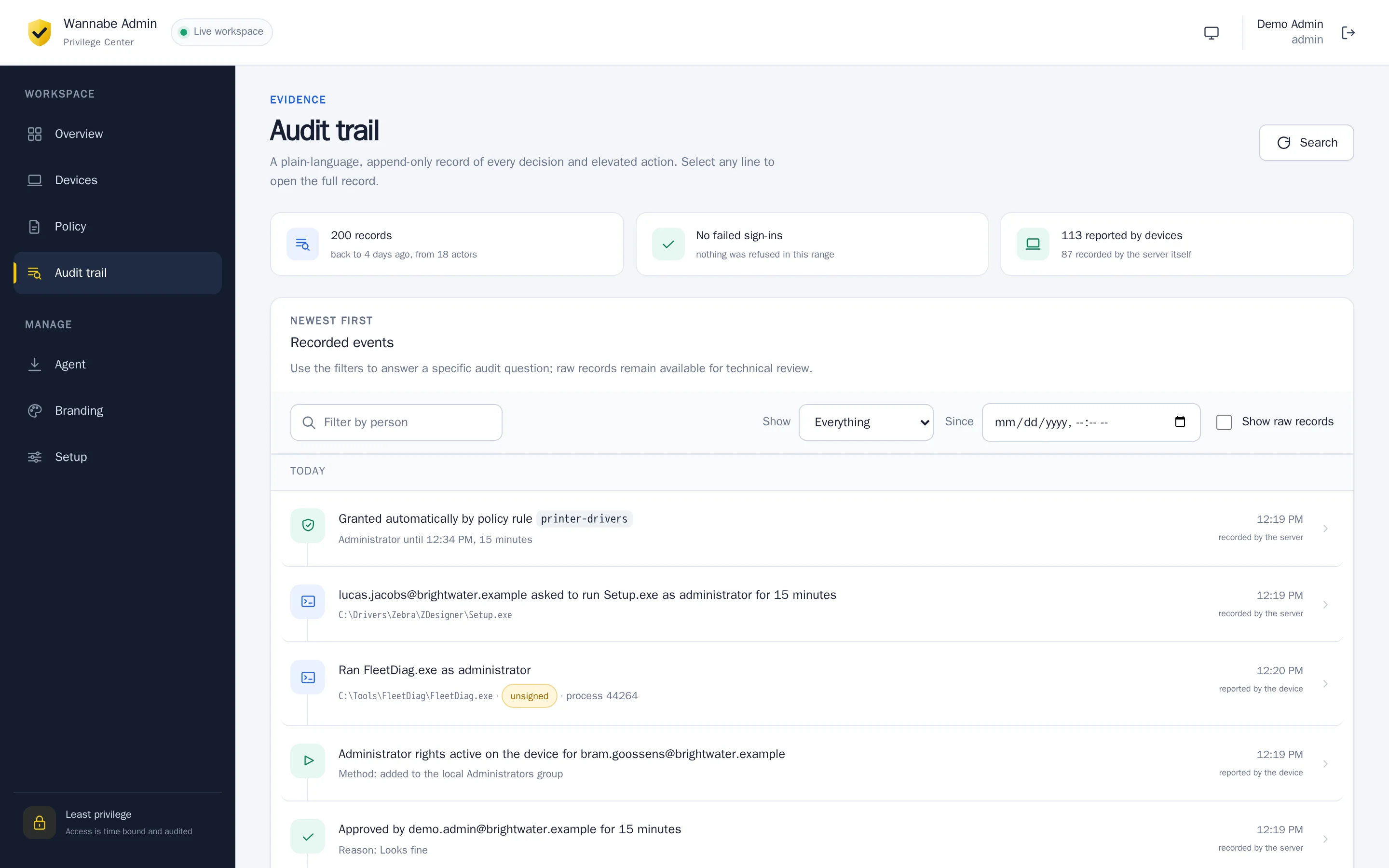 The audit trail: requests, automatic grants and programs run as administrator, newest first.